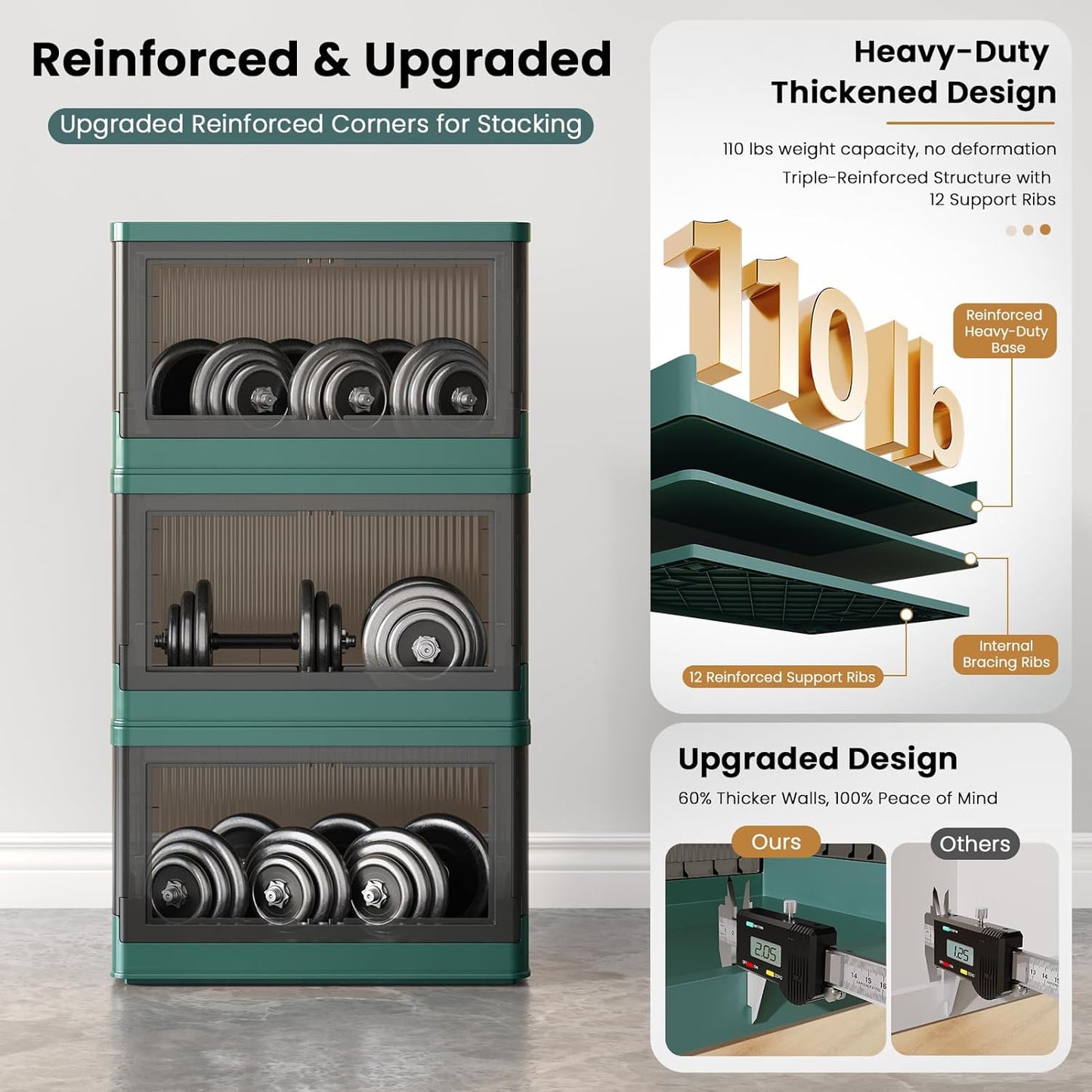 8.4Gal Collapsible Storage Bins with Lids & Wheels - 6 Pack Stackable with Doors, Heavy-Duty Plastic Containers for Home/Office, Green