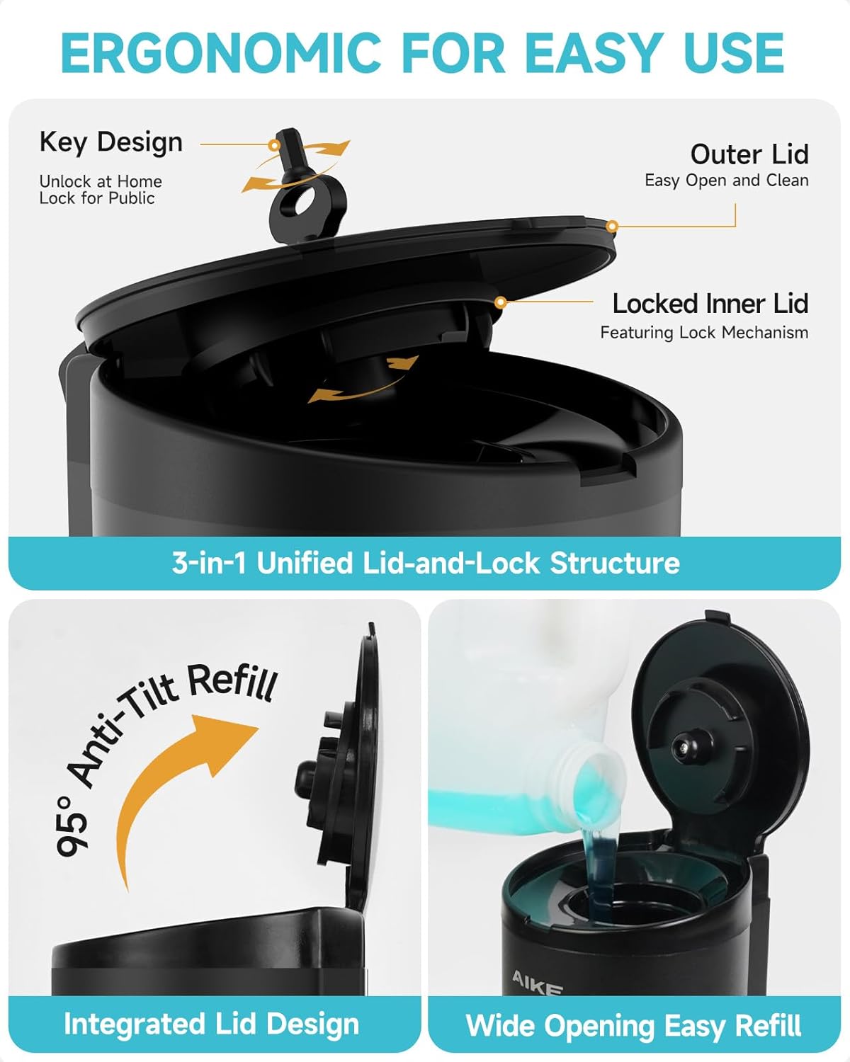 AIKE Automatic Wall Mount Liquid Soap Dispenser, Commercial Stainless Steel with 25oz Large Capacity Save Time Effort and Cost,Model AK1205(Matte Black)