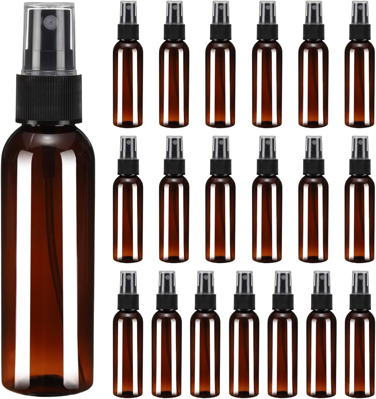 uxcell 20 Pack Spray Bottles, 2Oz/60ML Reusable Clear Empty Mist Plastic Mini Travel Bottle Set,Small Refillable Liquid Containers for Household Use, Essential Oil, Cleaning (Brown Black)