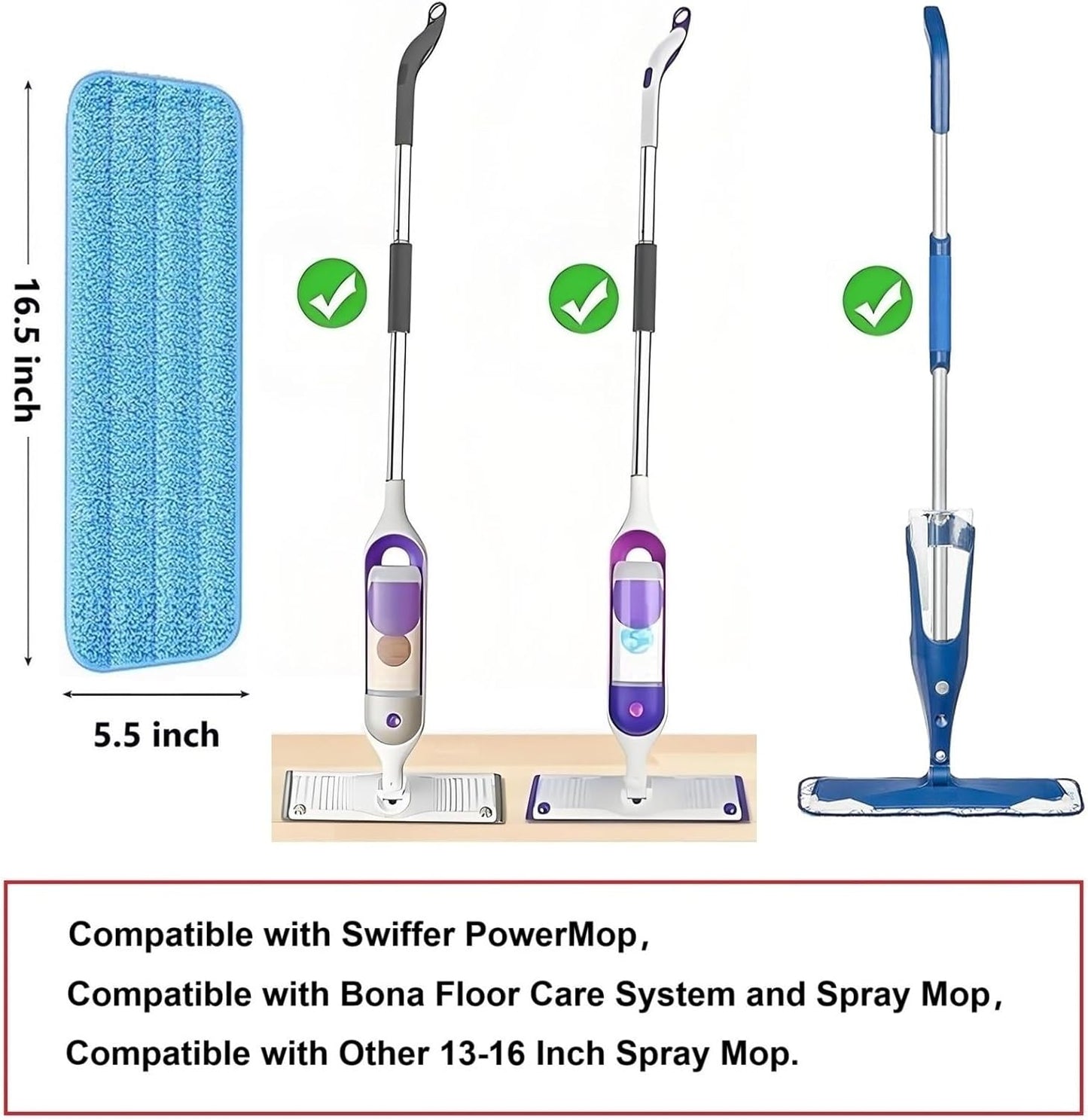 10 Pcs Reusable Mop Pads,16.5 Inch Microfiber Wet Dry Floor Clean Mop Pad Refill Compatible with Swiffer PowerMop Bona Mop & Other 13-16 Inch Spray Mop