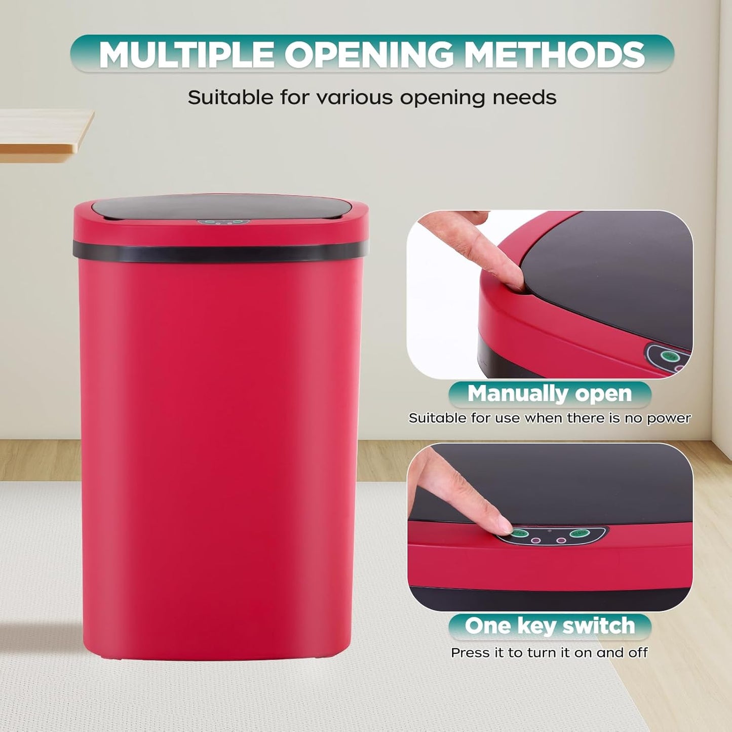 Automatic Motion Sensor Bathroom Trash Can with Lid, 13 Gallon Touchless Trash Bin, Smart Dog Proof Garbage Can, Touch Free Waste Basket for Toilet, Office, Bedroom,Red