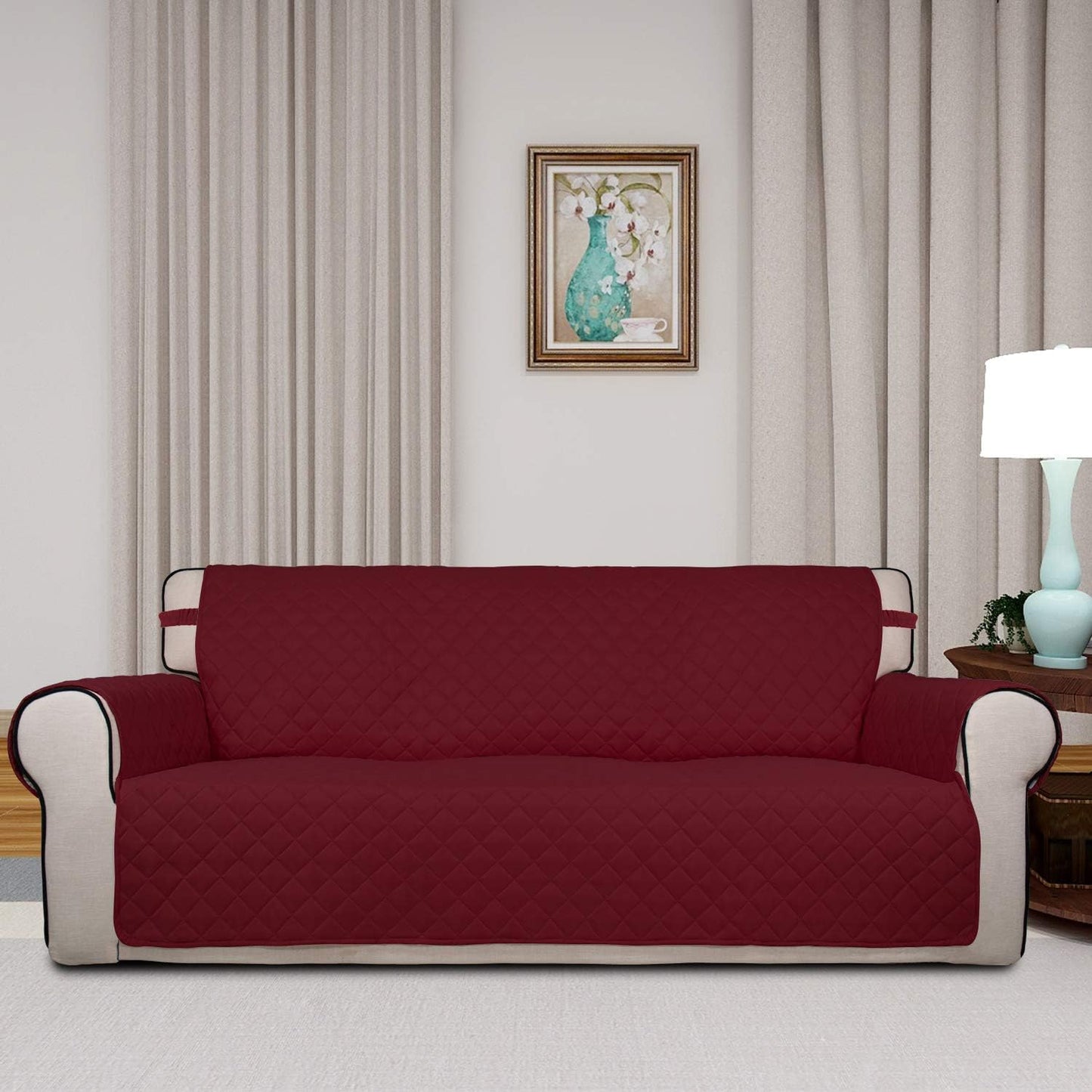 PureFit Reversible Quilted Sofa Cover, Water Resistant Slipcover Furniture Protector, Washable Couch Cover with Non Slip and Elastic Straps for Kids, Pets (Oversized Sofa, Red/Ivory)