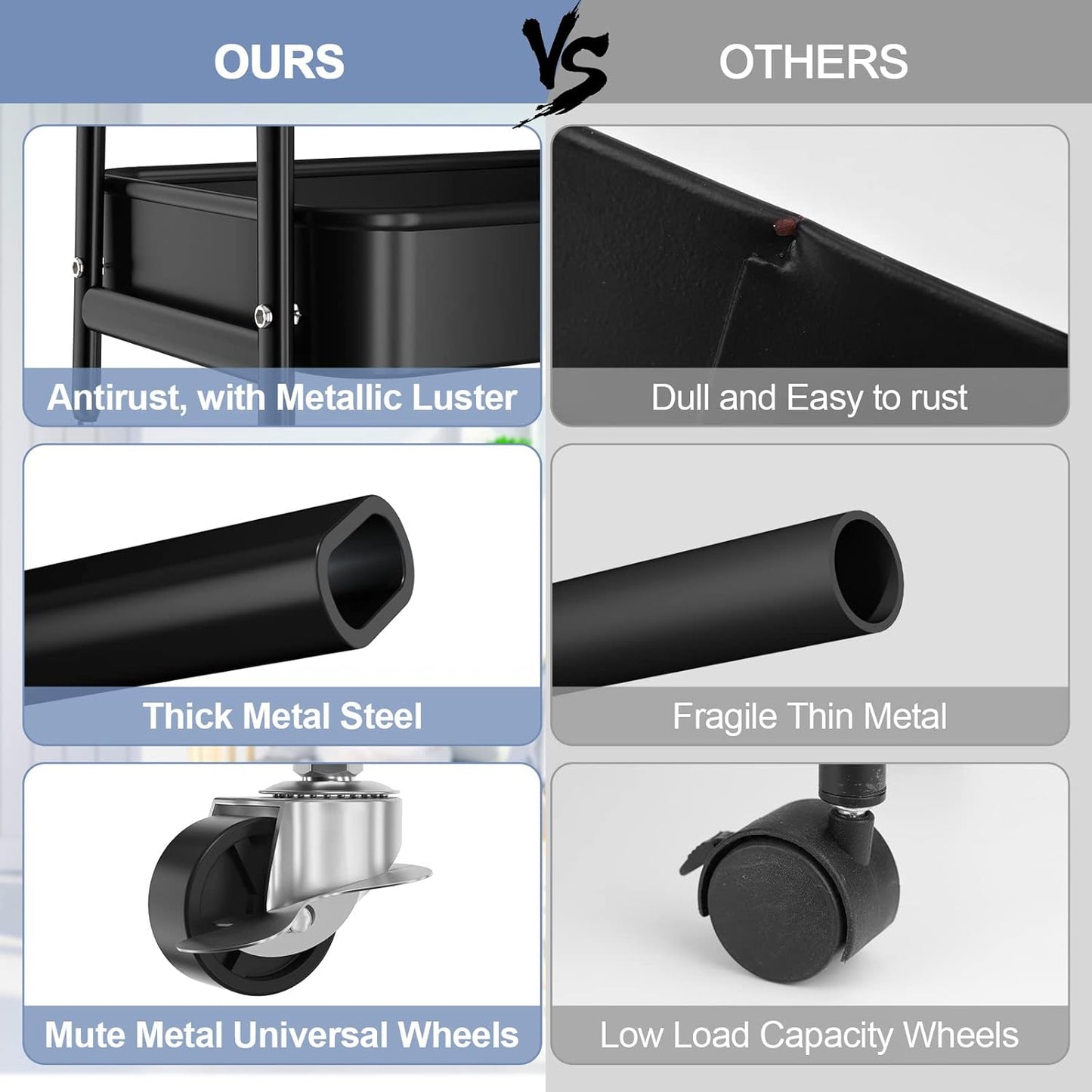 EAGMAK 3 Tier Utility Rolling Cart, Metal Storage Cart with Handle and Lockable Wheels, Multifunctional Storage Organizer Trolley with Mesh Baskets for Kitchen, Living Room, Office, Garage (Black)