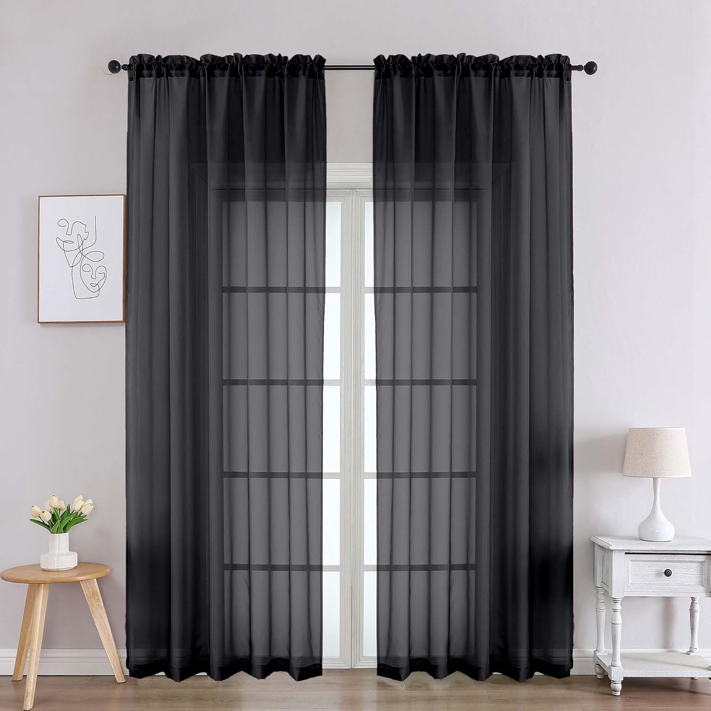 Chyhomenyc Black Sheer Curtains 90 Inches Long 2 Panels, Light Filtering Black Curtains for Living Room, Soft Gentle Voile Rod Pocket Bedroom Window Drapes, 59Wx90L Inch, 2PCS