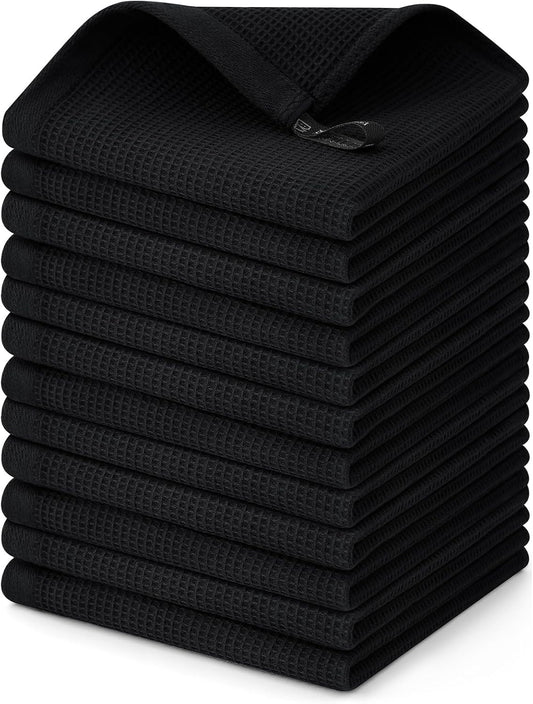 Homaxy 100% Cotton Waffle Weave Dish Cloths - 12 Pack Soft and Absorbent Dish Towels - 12 x 12 Inches Quick Dry Dish Rags - Black