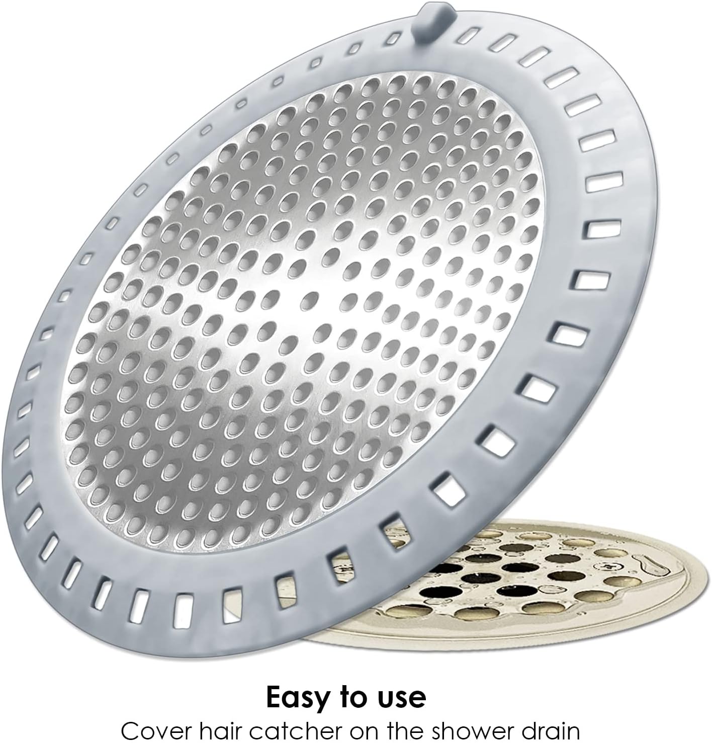 2PCS Shower Drain Hair Catcher, Shower Drain Strainer, Stainless Steel with Silicone Edging, 4.75 Inch Diameter
