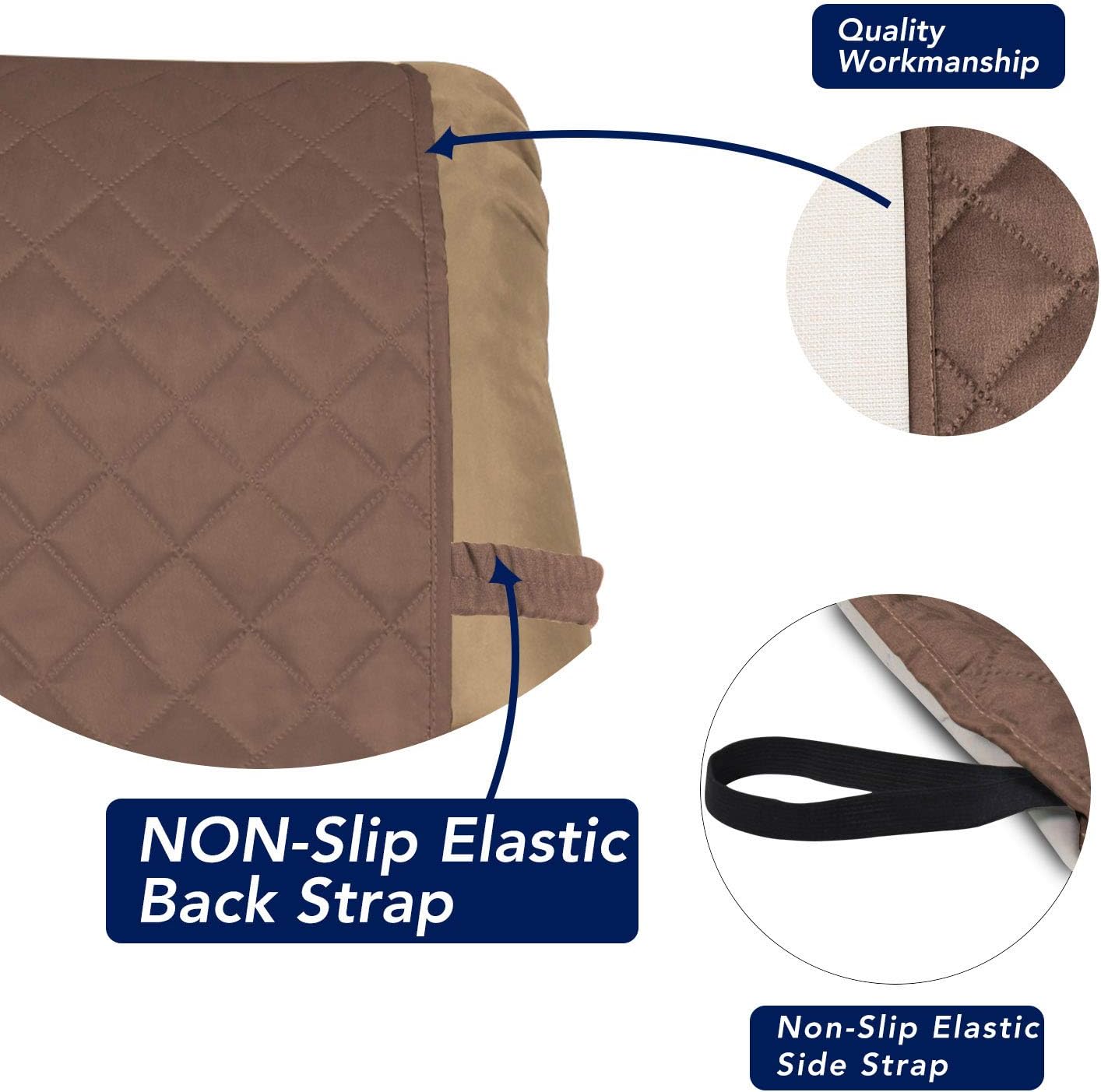 PureFit Reversible Quilted Sofa Cover, Water Resistant Slipcover Furniture Protector, Washable Couch Cover with Non Slip and Elastic Straps for Kids, Dogs, Pets (Small Recliner, Brown/Beige)