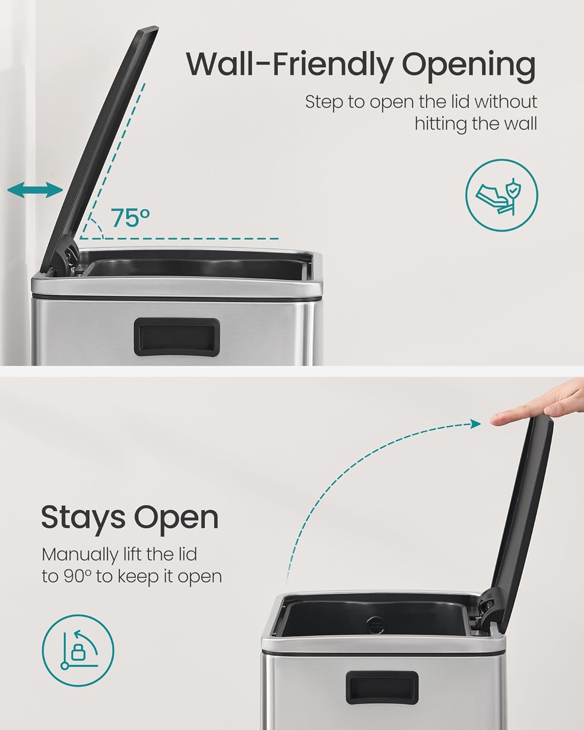 SONGMICS Trash Can, 13-Gallon Gabbage Can, with 15 Trash Bags, Stainless Steel, with Soft-Close Lid, Removable Inner Bucket, Handles, Silver ULTB595E01