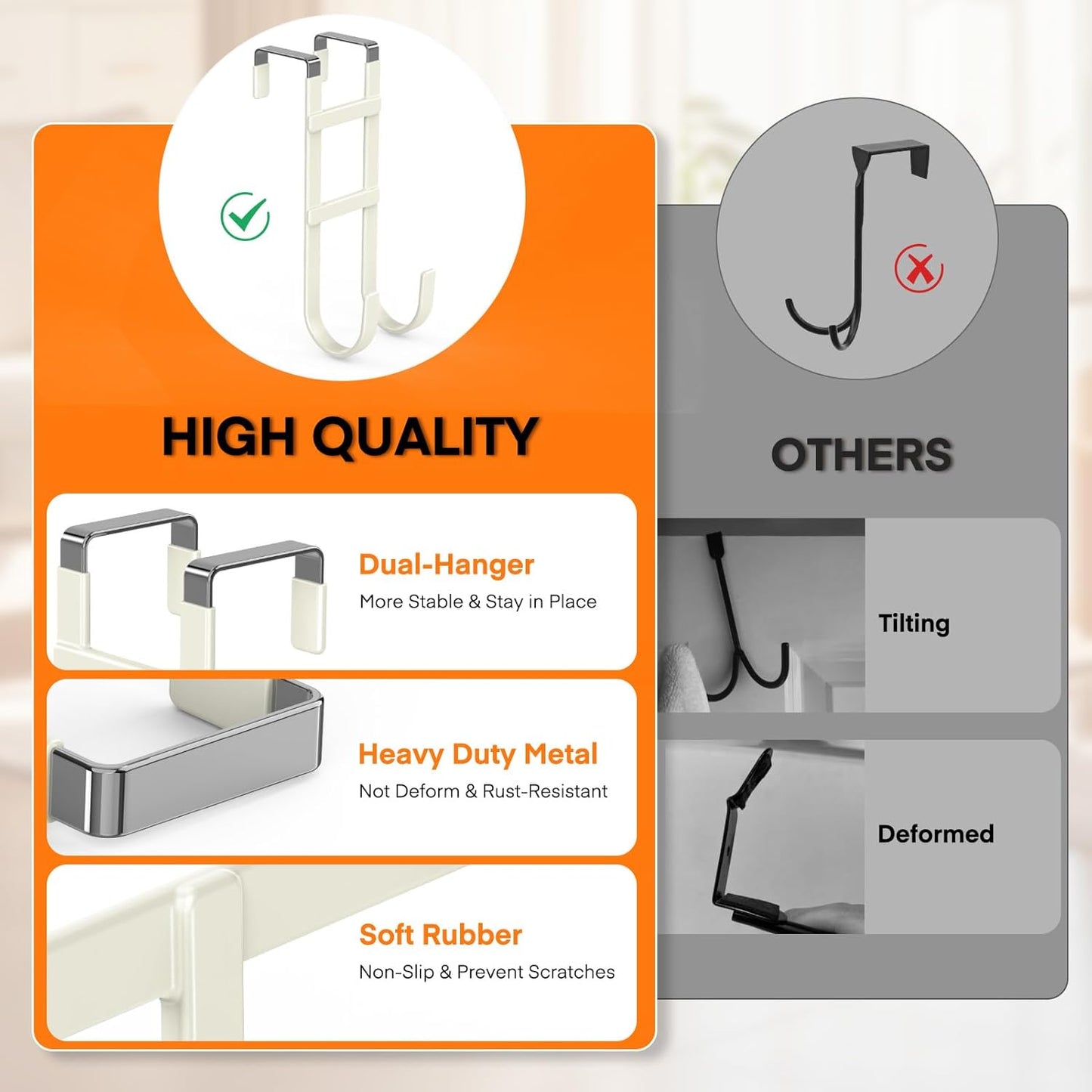 FYY Over The Door Hooks - 2 Pack Heavy Duty Dual-Hook Organizer Hanger with Non-Slip Rubber for Towels, Clothes, Hats & Bags Use in Bathroom, Bedroom, Kitchen - Fits Interior Doors Up to 1.6" Beige