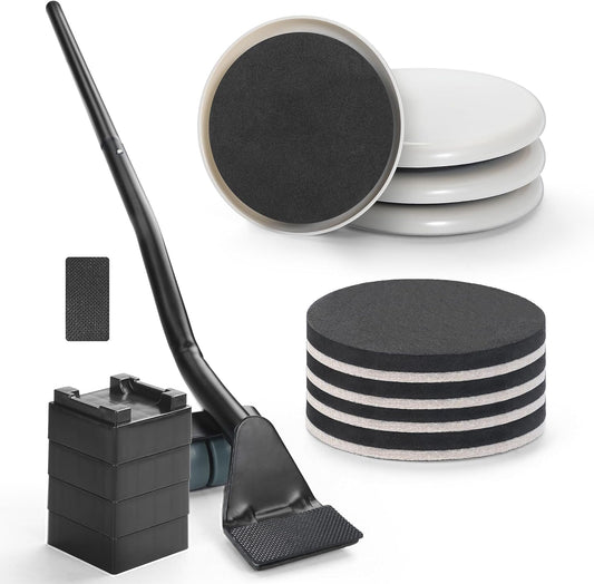 Furniture Lifter Tool + 8-Pack of 3.5" Sliders, Save 80% Effort, Safely and Easily, The Lift and Glide Tool Set for Heavy Furniture and Appliances, Reusable Moving Pads, Floor Protectors for Carpet
