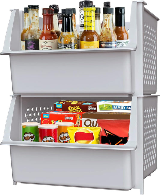 Skywin Plastic Stackable Storage Bins for Pantry - 2 Pack Stackable Bins For Organizing Food, Kitchen, and Bathroom Essentials (Light Grey)