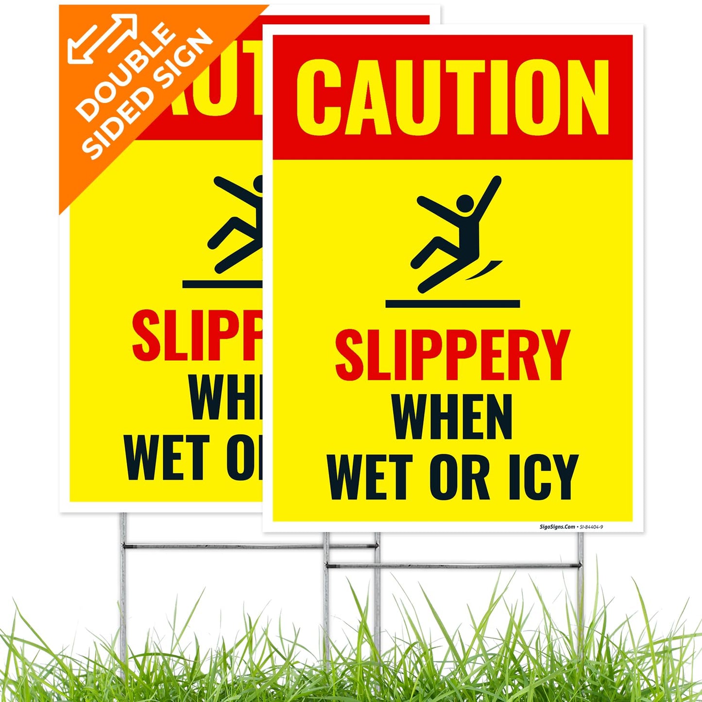Caution Slippery When Wet or ICY Sign, (SI-84404) (2 Pack) Double Sided 9x12 Inches, Corrugated Plastic with Metal H Stake, Made in USA by Sigo Signs