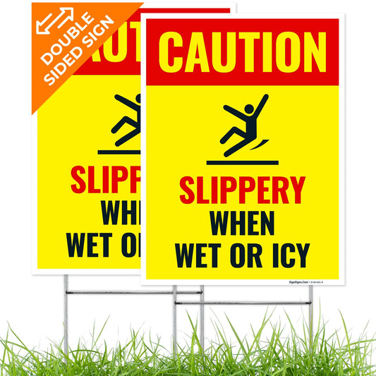 Caution Slippery When Wet or ICY Sign, (SI-84404) (2 Pack) Double Sided 9x12 Inches, Corrugated Plastic with Metal H Stake, Made in USA by Sigo Signs