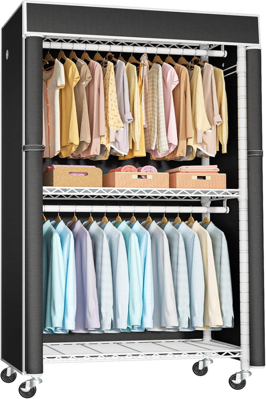 FUTASSI White Clothing Rack with Black Cover, P1C Rolling Closets with Wheels, Metal Garment Rack for Hanging Clothes, Clothing Storage Wardrobe, 36.2" W x 16.5" D x 80.5" H, Load 450 Pounds