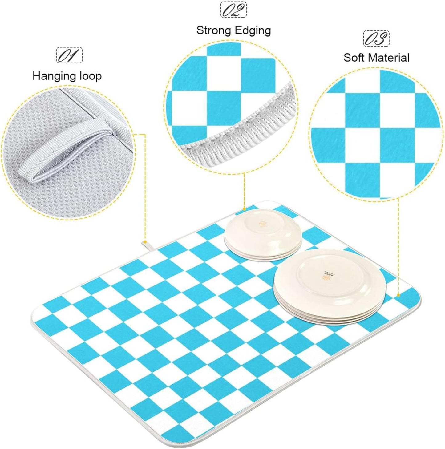 Turquoise Chessboard Dish Drying Mat for Kitchen Countertop 16x18 Teal Plaid Checkered Rectangle Small Drying Mat Reusable Quick Dry Dish Sink Absorbent Mats Easy Clean Decorative Home Essentials