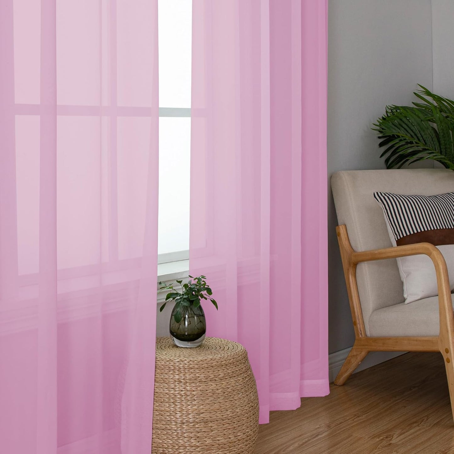 Chyhomenyc Pink Sheer Curtains 54 Inch Long 2 Panels, Light Filtering Rod Pocket Voile Short Curtains Drapes for Living Room Bedroom Small Windows, 42Wx45L Inches