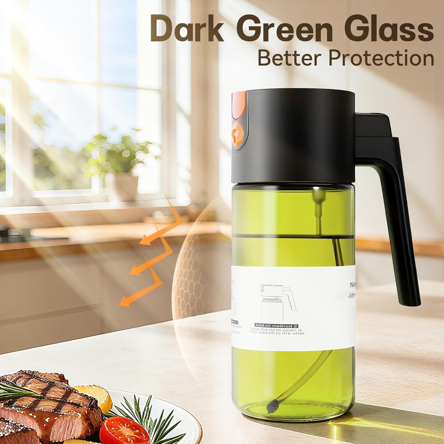 Upgrade 2 in 1 Oil Sprayer for Cooking, 17oz Light-Blocking Glass Olive Oil Dispenser Bottle for Kitchen,Food-Grade Oil Mister with 8 Stickers for Salad, Frying (Green Bottle-Black Cap)