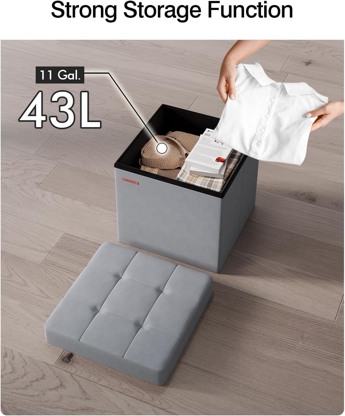 Folding Storage Ottoman, Velvet Storage Bench, Footrest, Footstool, for Living Room, Bedroom and Office,15 x 15 x 15 Inches, 300 kg Load Capacity, Dove Gray UASND04G