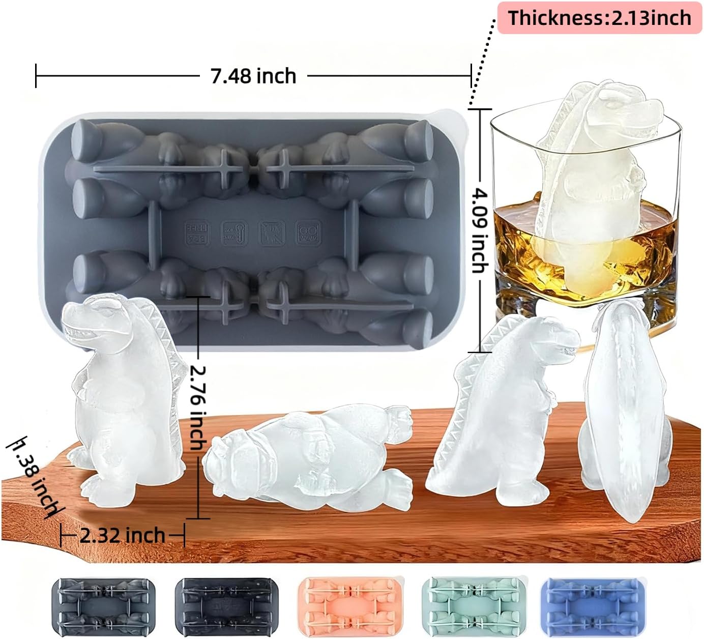 7.48inch Newly Upgraded 4-grid 3D Dinosaur Ice Tray and Covered Silicone Ice Tray, Suitable for Bars, Outdoor and Home Use (1, grey)