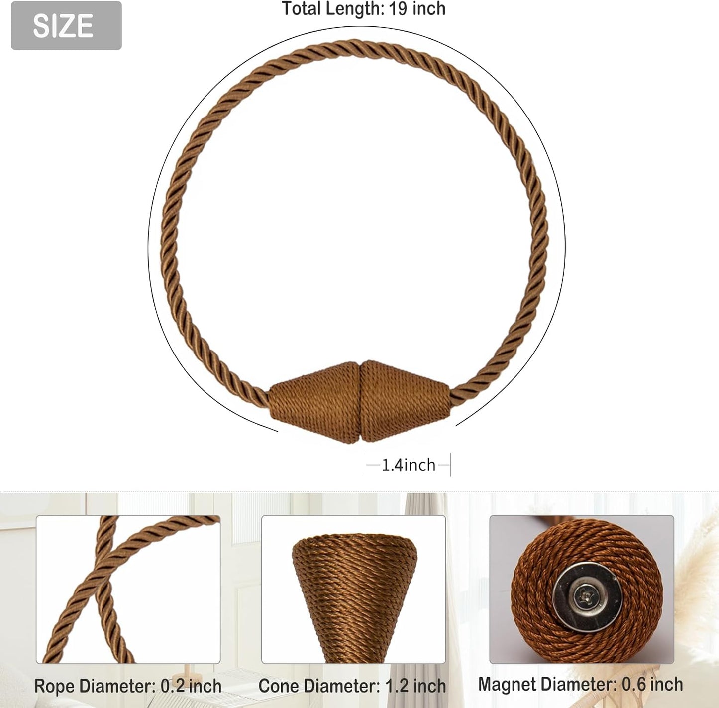 Magnetic Curtain Tiebacks 8 Pack Outdoor Rope Curtain Tie Backs Decorative Window Treatment Holdbacks for Home Decorative Curtain, Khaki