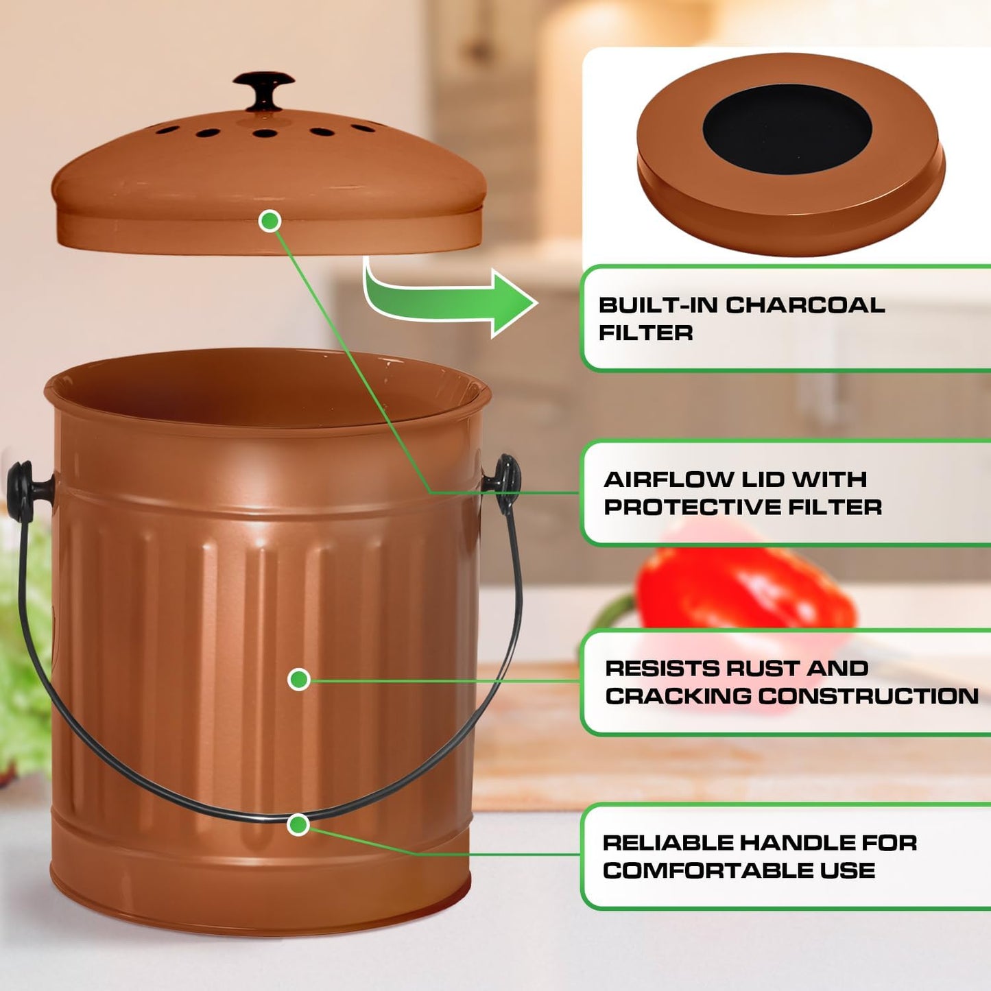 Plexon Countertop Compost Bin Kitchen Indoor, with Lid, Copper 1.5 Gallon Odorless Kitchen Compost Container, Steel Food Bucket Pail with Charcoal Filter, Bronze