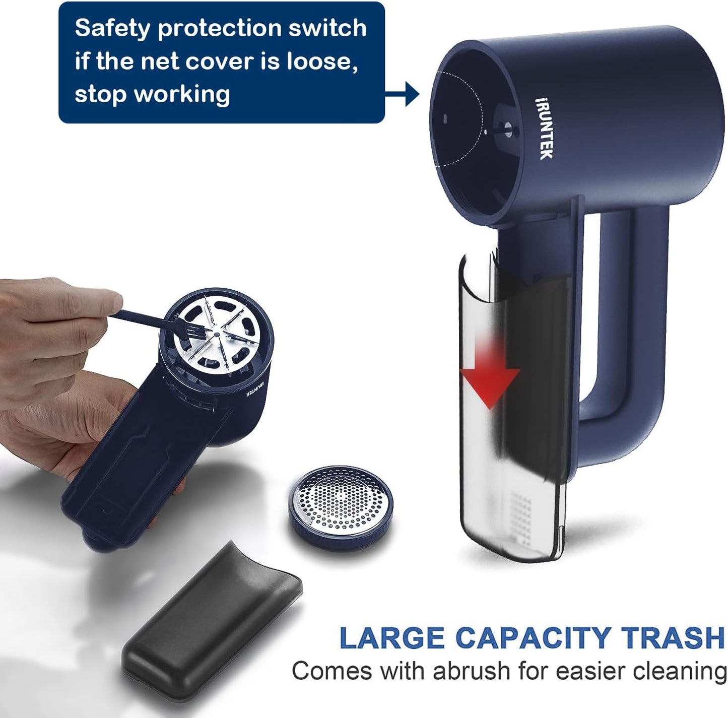 iRUNTEK Rechargeable Fabric Shaver & Lint Remover｜3-Speed Lint Shaver with LED Display & Large Lint Bin｜Sweater Shavers to Remove Pilling｜Eliminates Fuzz & Pilling from Clothes Couch Furniture, Navy
