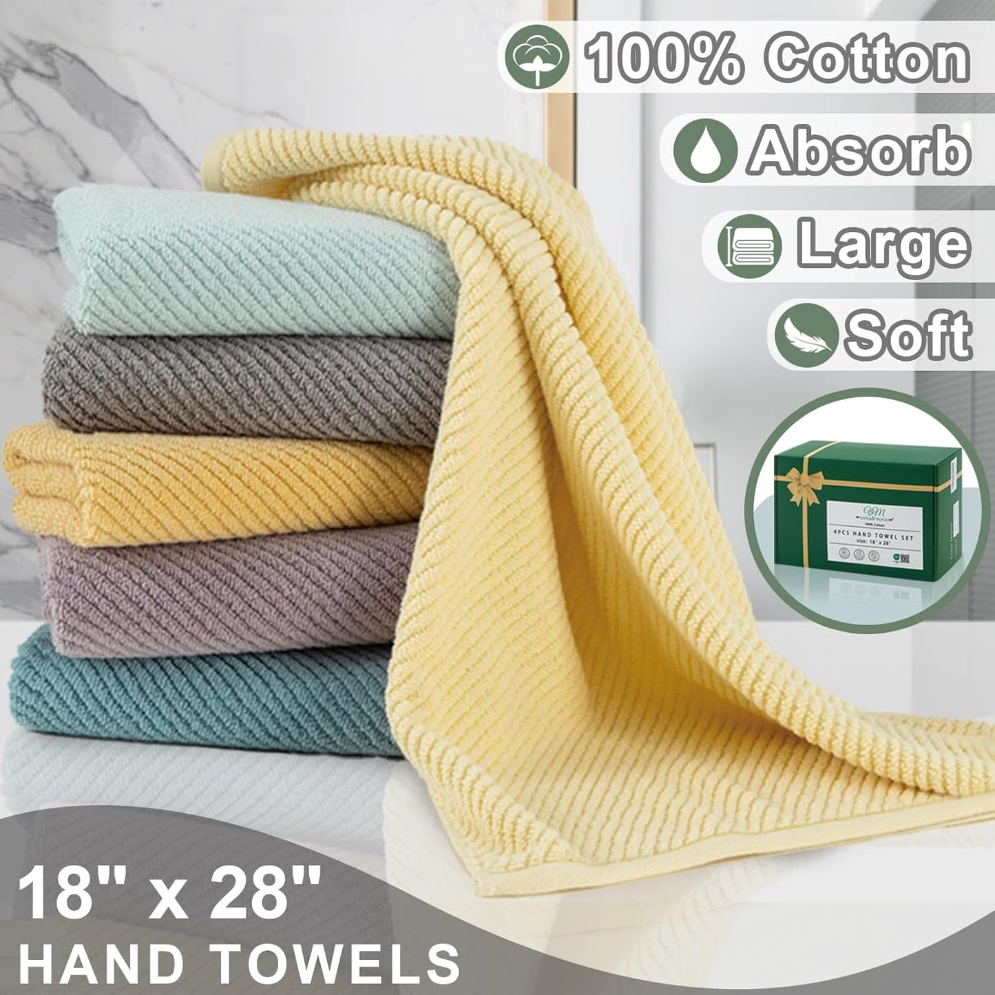 VOOVA & MOVAS Hand Towels for Bathroom Set of 4, Large 18" x 28", 100% Cotton | Lightweight | Thick | Quick Dry | Soft | Absorbent, Sage Green Hand Towels, Bathroom Essentials