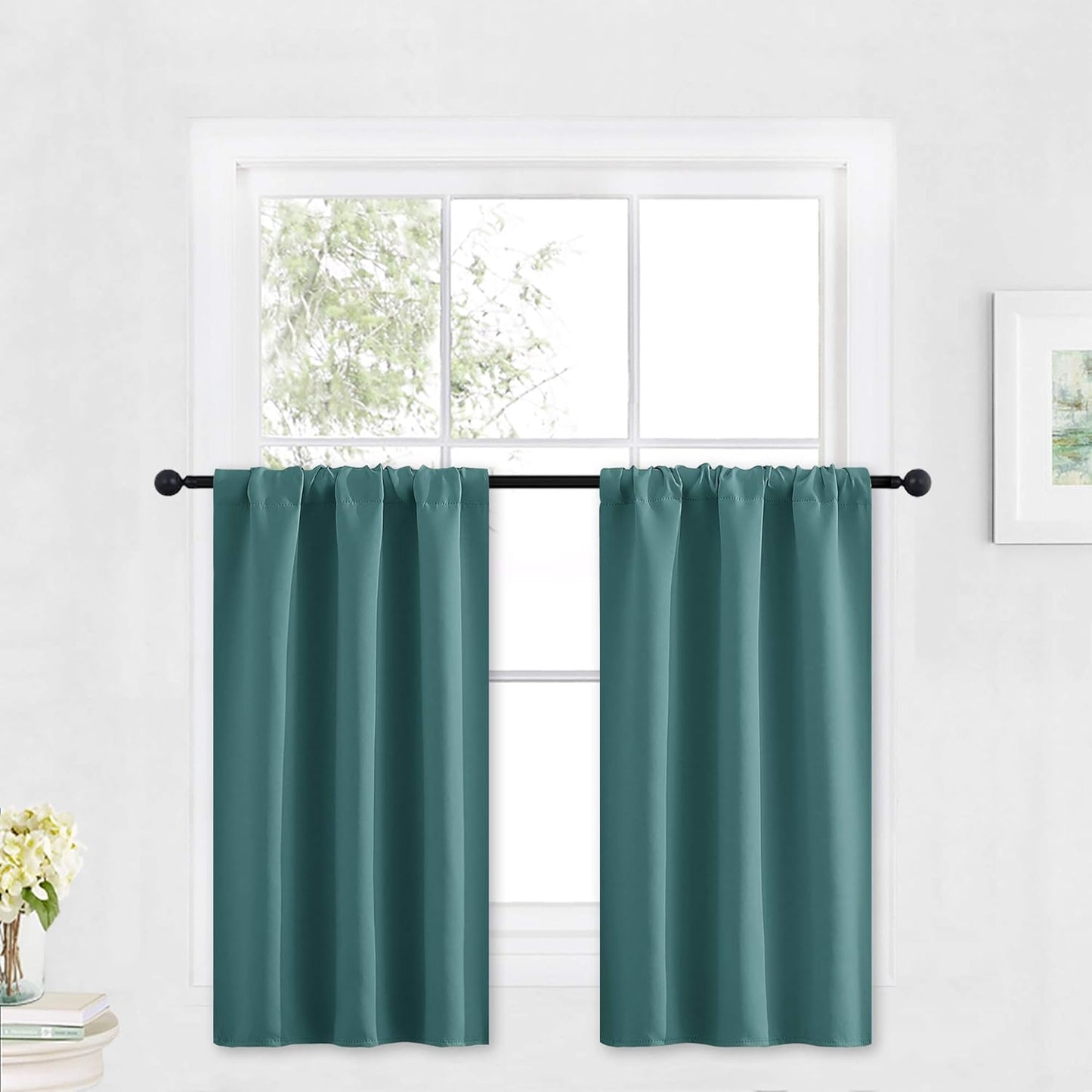 RYB HOME Bathroom Window Curtains - Super Soft Blackout Privacy Curtains for Baby Nursery Bedroom Basement Garege Workshop Kitchen Dining Living Room, W 29 x L 30, Teal, 2 Pcs