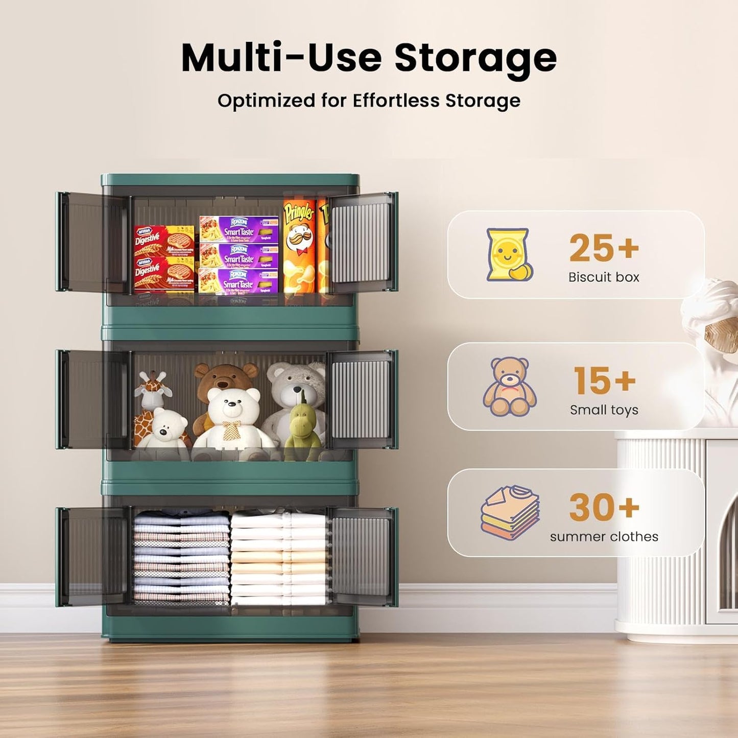 8.4Gal Collapsible Storage Bins with Lids & Wheels - 4 Pack Stackable with Doors, Heavy-Duty Plastic Containers for Home/Office, Green