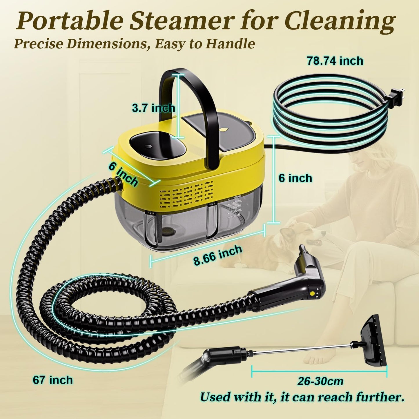 Steam Cleaner,15s Heat-Up,1.6L Tank,3-Level Adjustable Handle,2500W Steamer for Cleaning,Portable Steamer for Cleaning with 16PCS Accessories,Steam Cleaner for Home,Car,Dirt,Grease,Grout,Tile,Couch