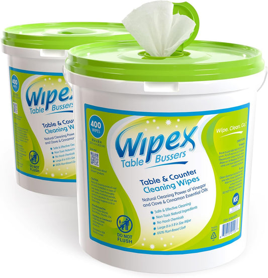 Wipex Table Bussers - Natural Table & Counter Turnover Cleaning Wipes With Vinegar, Propolis, Clove And Cinnamon Oil, 400 Ct (2 Buckets, 800 Wipes)