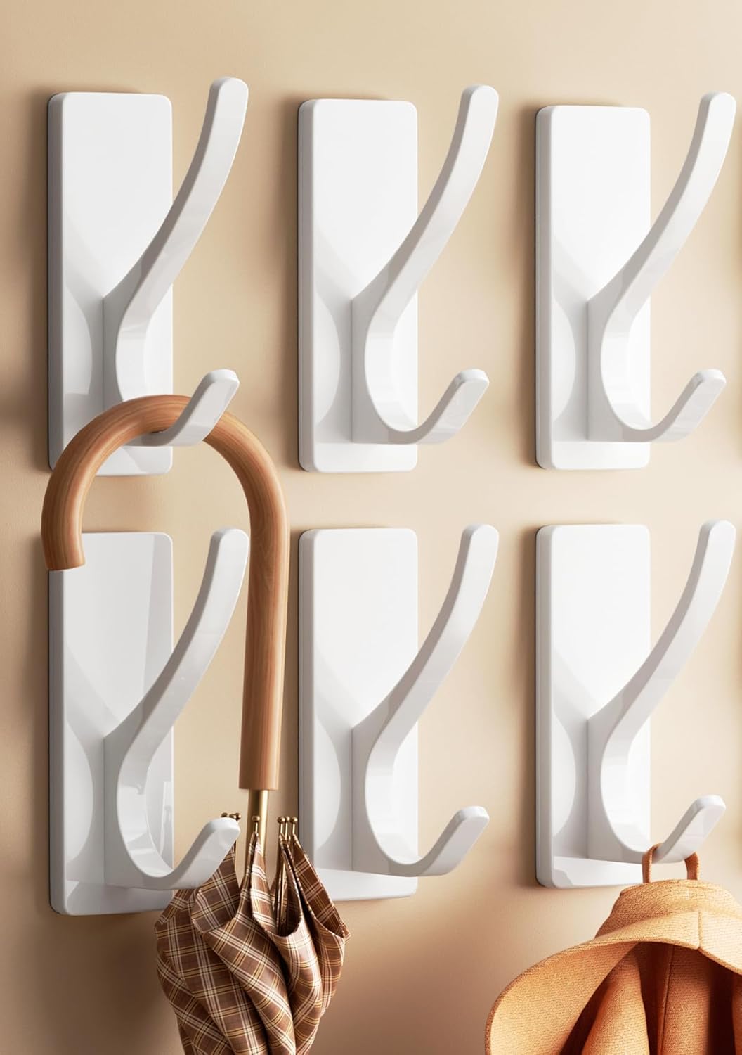 Self Adhesive Coat Hooks for Hanging, Heavy Duty Stainless Double Wall Hook for Towel, Backpack, Hat, Sturdy Metal Hanger for Bathroom, Bedroom, Door, Wall Mounted, 6 Pack, White