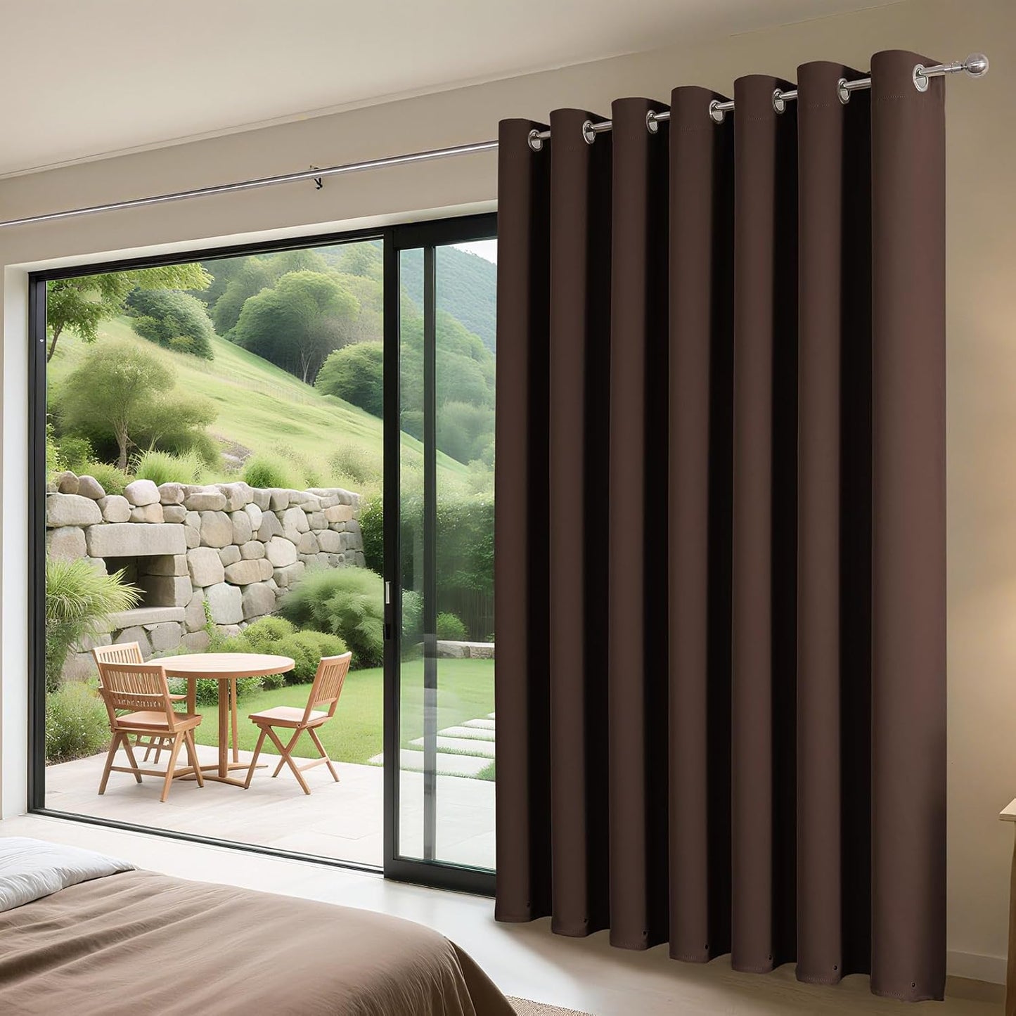 Joydeco Blackout Patio Sliding Door Curtains 108 Inches Long, Grommet Privacy Room Divider Curtains, Extra Wide Thermal Blackout Drapes for Bedroom Living Room (Chocolate, 70Wx108L, 1 Panel)
