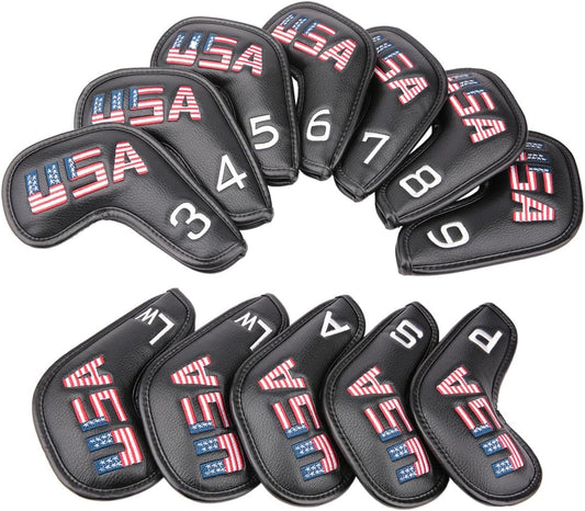Golf Builder Black Leather USA Golf Club Iron Wedge Head Covers Fit All Brands