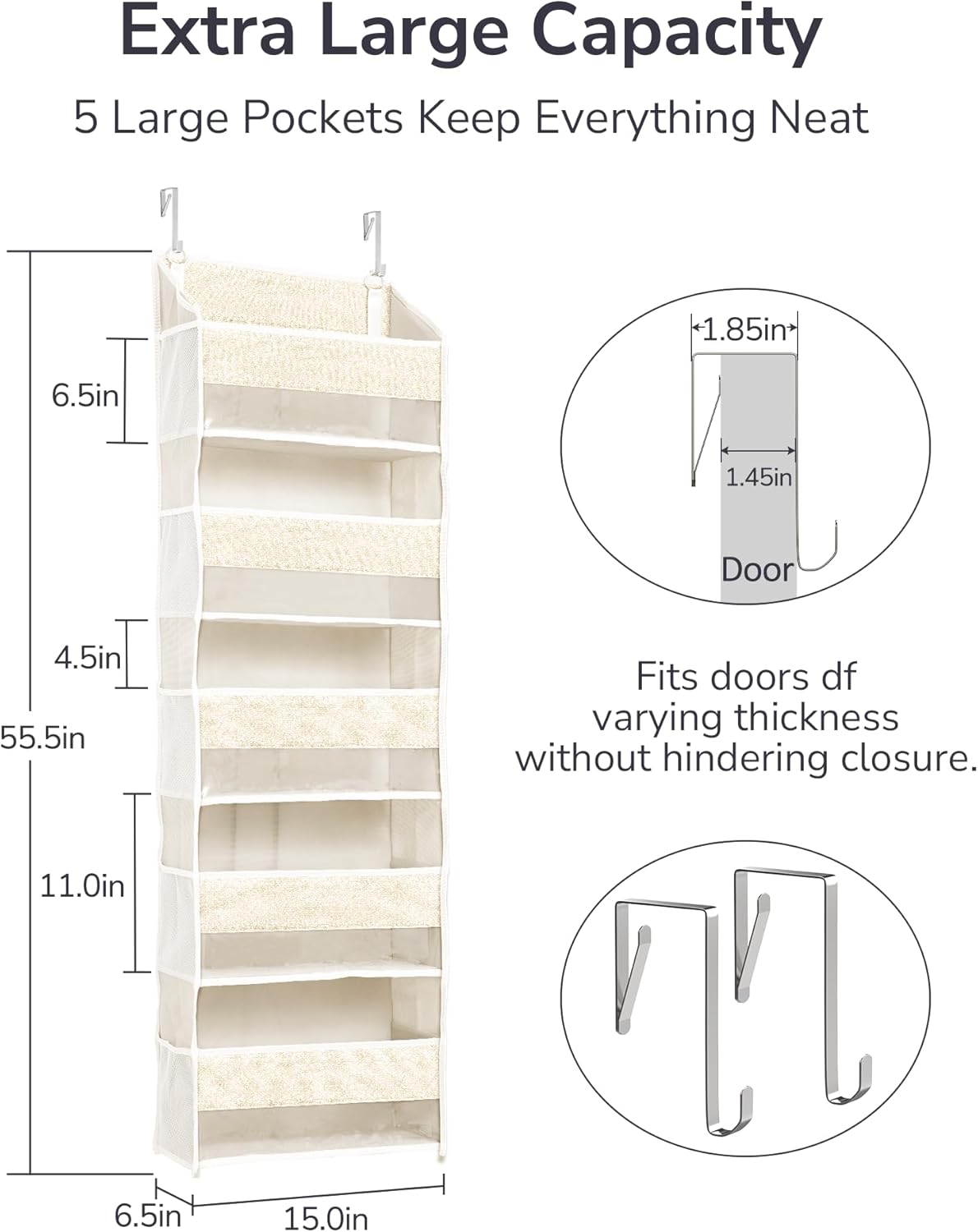 ULG 1 Pack Over Door Organizer with 5 Large Pockets 10 Mesh Side Pockets, Upgraded Linen Texture Over The Door Storage, 44 lbs Weight Capacity Hanging Storage Organizer, Ivory