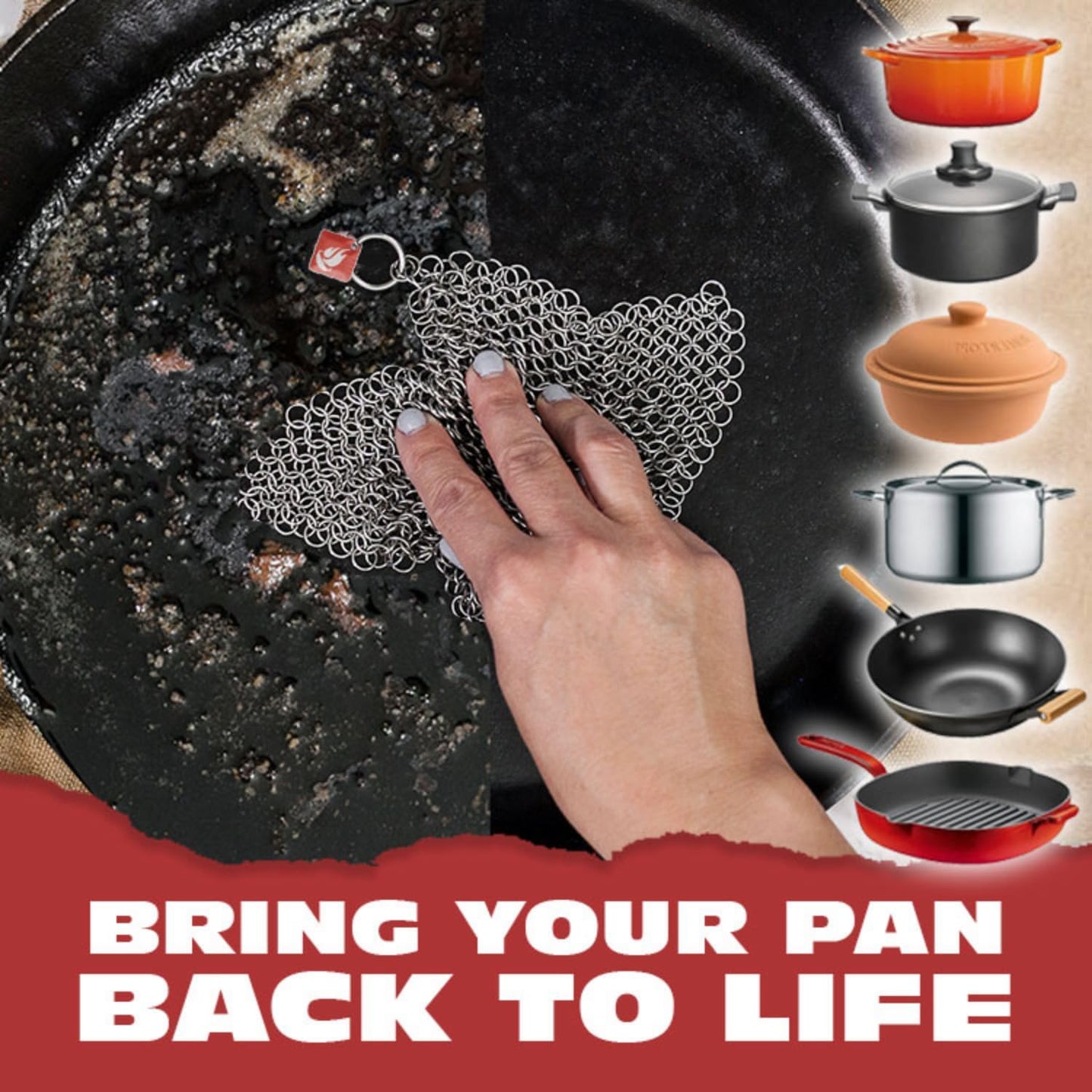 Knapp Made CM Scrubber 9"x6" Small Ring Cast Iron Scrubber - Cast Iron Cleaner for Hard Anodized Cookware, Pre-Seasoned Pans, Dutch Ovens, Iron Pans, Grills and Skillet. Chain Mail Scrubber Cast Iron