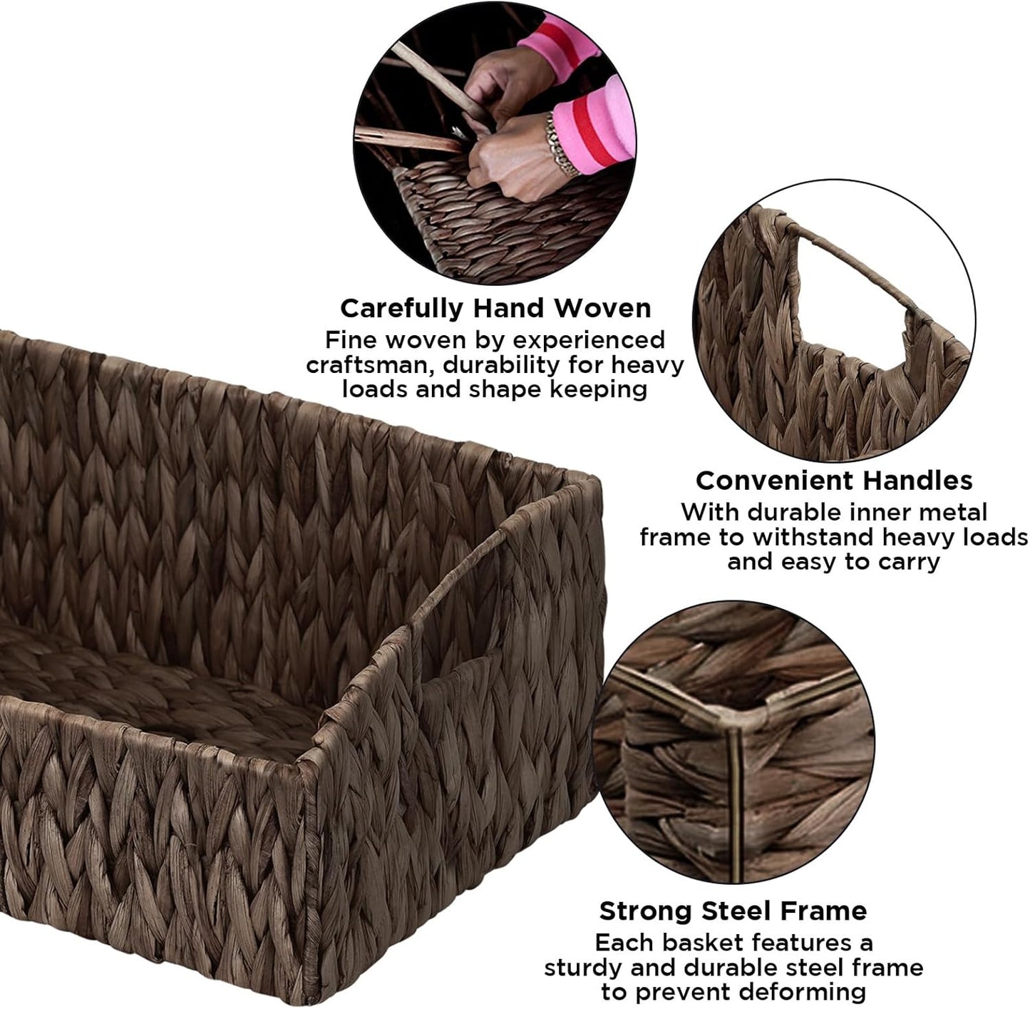 Ollieroo Natural Water Hyacinth Storage Baskets, Handwoven Wicker Storage Bins with Built-in Handles, Storage Container Baskets for Shelves, Bedroom, Bathroom, Laundry Room or Kitchen(Black)