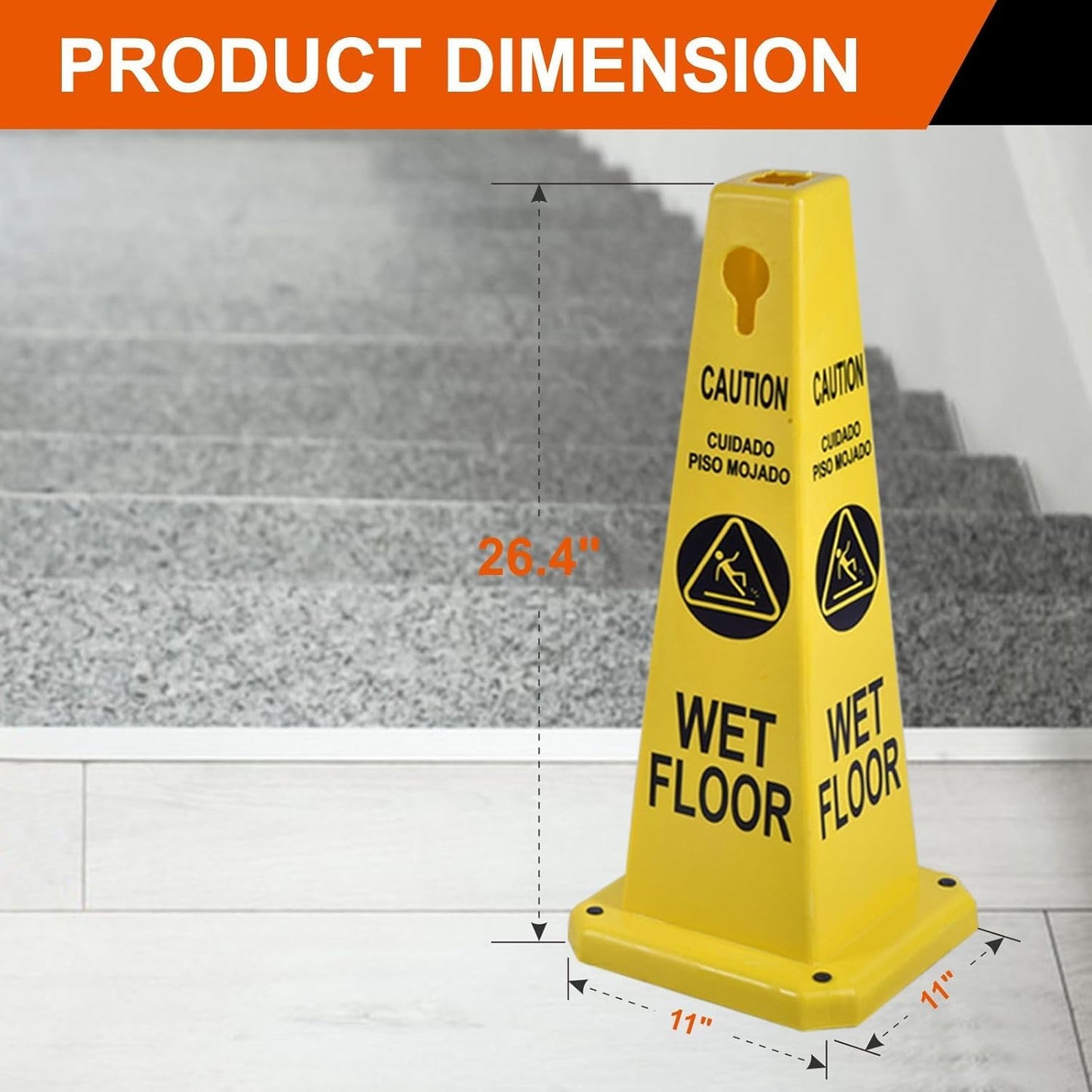 4-Pack 26.5" Caution Cones, 4-Sided Visible Safety Signs with Heavy Rubber Base, Warning for Slip & Fall Prevention, Indoor/Outdoor Use (Yellow, 4Pcs-Caution Wet Floor)