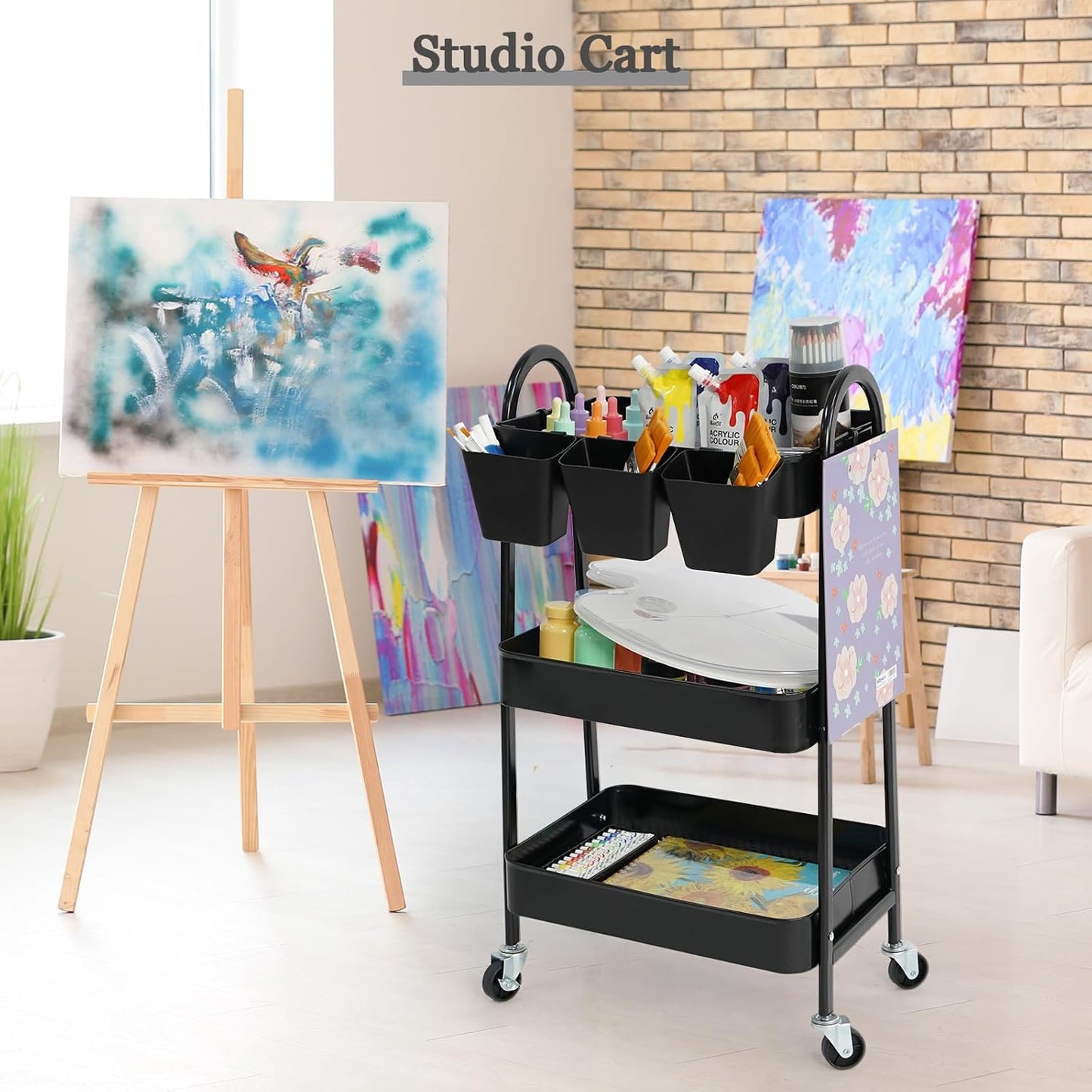 danpinera 3-Tier Rolling Cart, Metal Rolling Storage Cart with Lockable Wheels & Hanging Cups & Hooks, Mobile Trolley Cart for Kitchen, Bathroom, Office, Workshop, Black