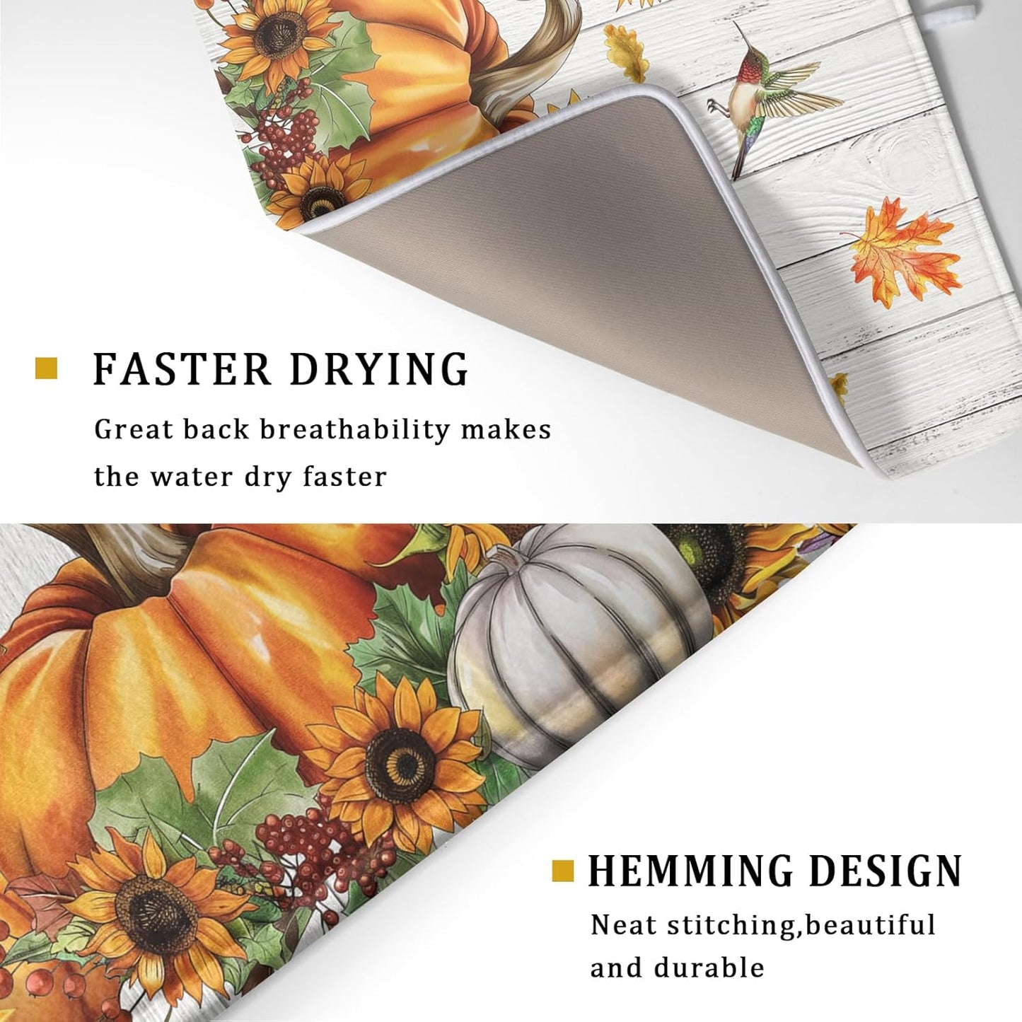 Fall Sunflower Maple Leaves Dish Drying Mat for Kitchen Counter Autumn Harvest Pumpkin Dish Drying Mat 16”x18” Thanksgiving Dishes Pad Dish Drainer Rack Mats Absorbent Fast Dry Kitchen Accessories