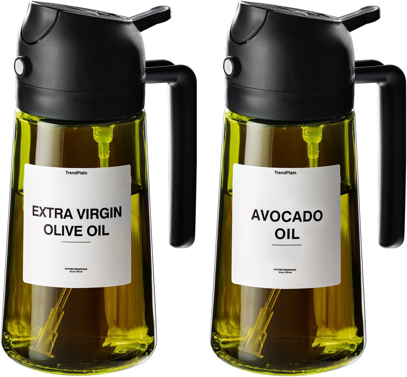 TrendPlain - Original 16oz/470ml Olive Oil Dispenser Bottle for Kitchen Gadgets and Air Fryer Accessories - Olive Oil Sprayer for Cooking w/Stickers - 2 Black