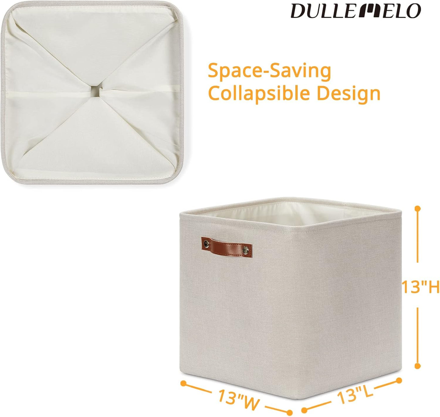 DULLEMELO Storage Bins, 4 Pack Of 13x13x13 Decorative Storage Cube Bins Suit Office, Home, Shelves And Closet, Cube Storage Bin with Leather handle(4 Pack - 13" Beige)