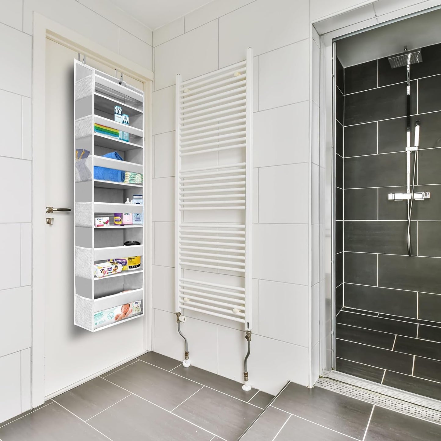 HOMELUX THEORY 1 PC Heavy Duty Over the Door Organizer 55x14x6.7, 6 Large Front & 12 Side Pockets, Hanging Storage Closet Door Organizer for Bedroom, Bathroom and Baby Nursery Storage (Light Gray)