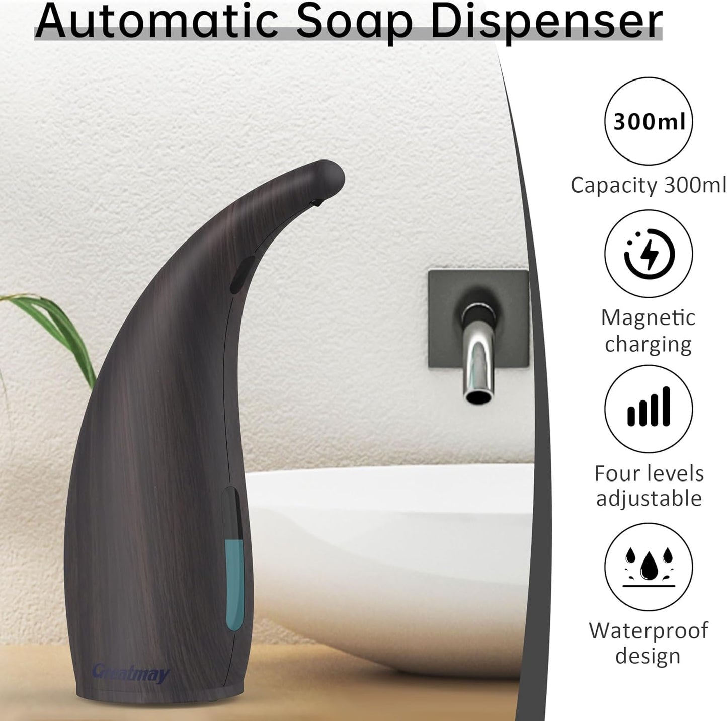 Adjustable Automatic Soap Dispenser Touchless, 4 Adjustable Levels Touchless Sensor Liquid Soap Pump Dispenser，300ml Rechargeable Magnetic Charging Hand Soap Dispenser for Kitchen，Bathroom