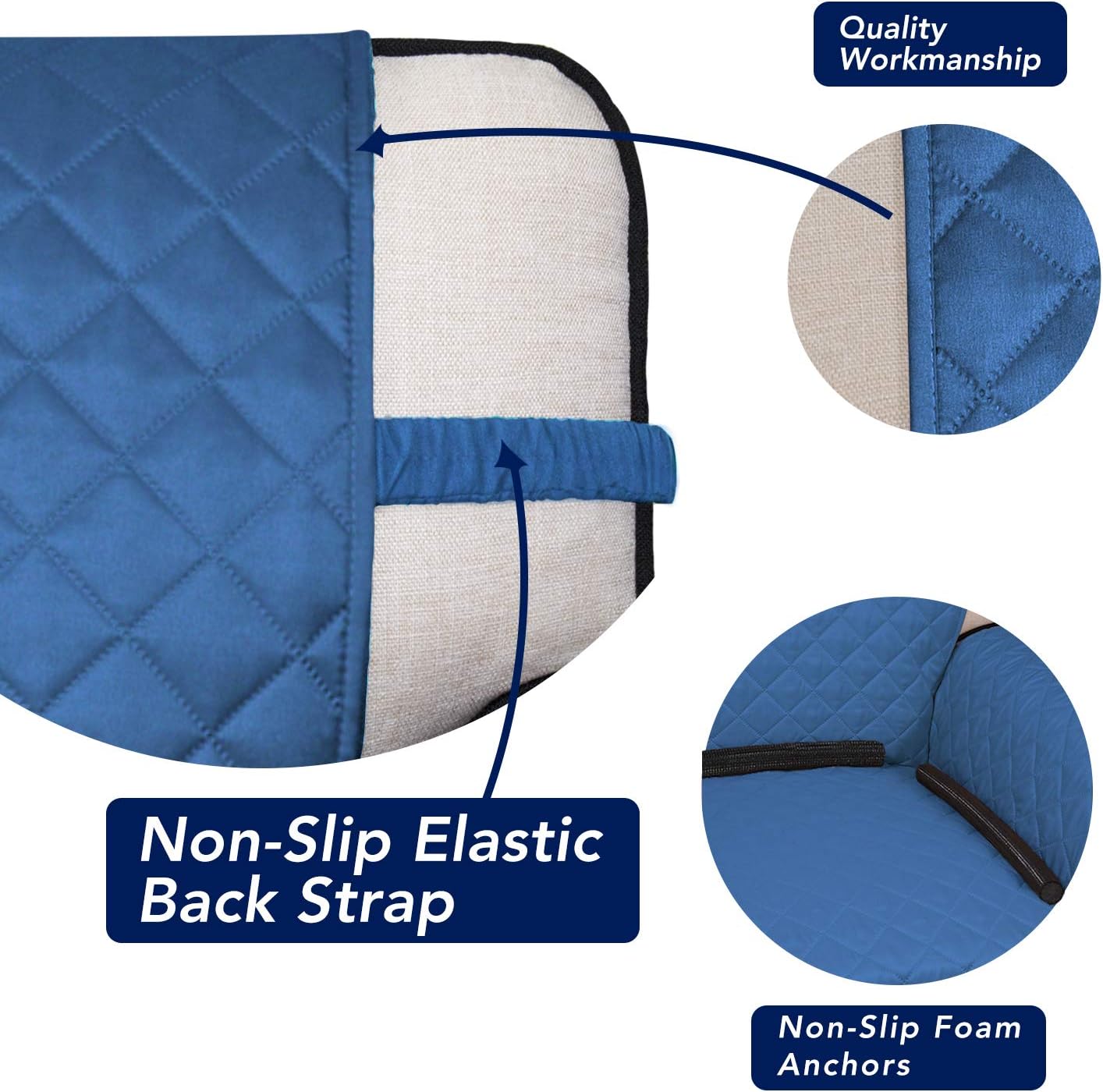 PureFit Reversible Quilted Sofa Cover, Water Resistant Slipcover Furniture Protector, Washable Couch Cover with Non Slip and Elastic Straps for Kids, Dogs, Pets (Sofa, Blue/Ivory)