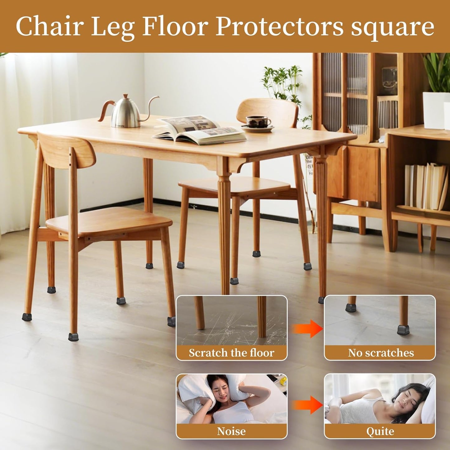 Square Chair Leg Floor Protectors Large 24Pcs,Silicone Chair Leg Protectors for Hardwood Floors/Tiles,Black 360°Wrapped Felt Bottom to Prevent Scratch and Reduce Noise