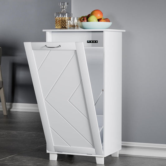 VECELO Tilt Out Kitchen Trash Bin Cabinet, Dog Proof Garbage Can with Wood Holder Free Standing Recycling, Pure White