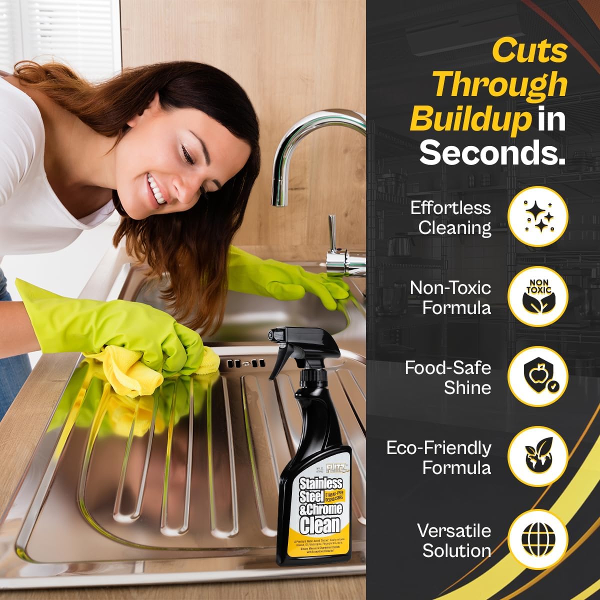 Flitz Stainless Steel & Chrome Clean - 16oz Bottle, USA-Made Stainless Steel Cleaner Spray for Appliances - Grill, Fridge, Sink Stain Remover - Also Works on Aluminum Surfaces (6 Pack)