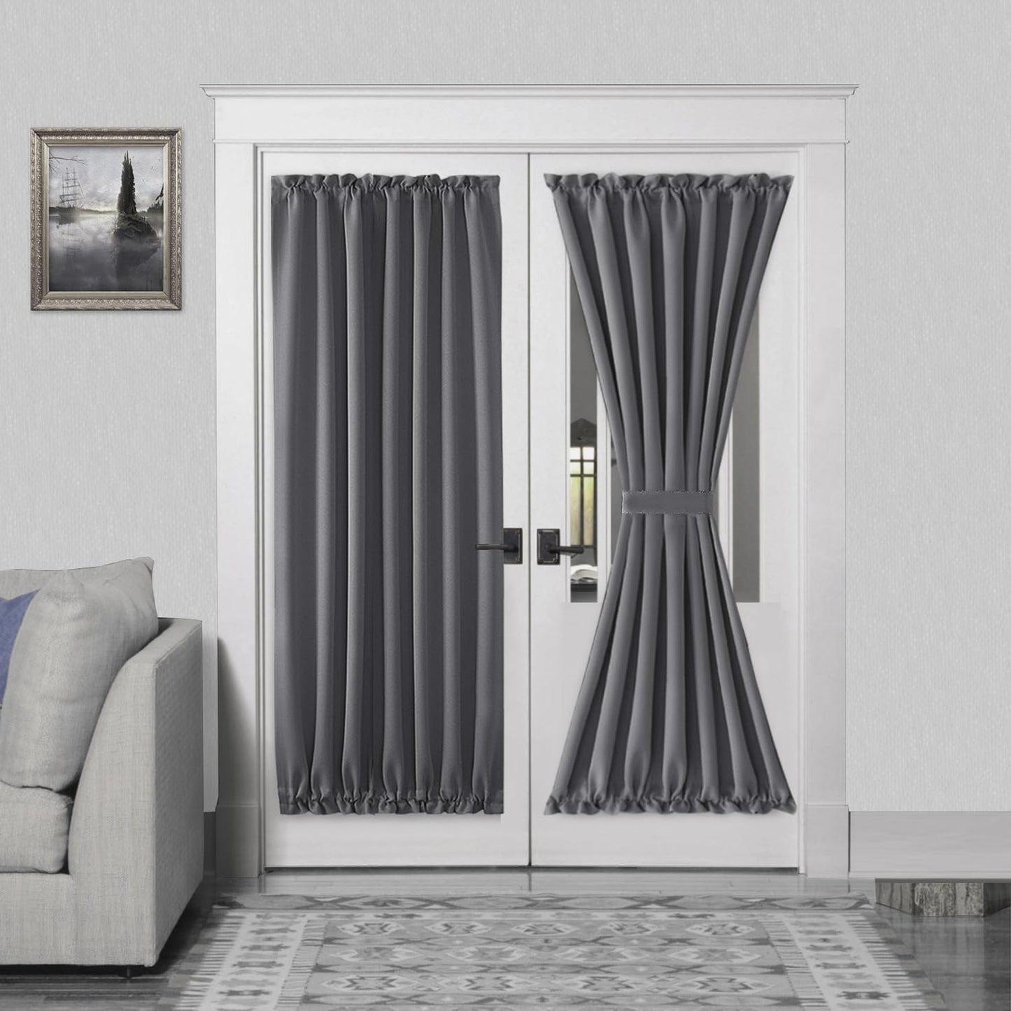 DWCN French Door Curtains – Rod Pocket Thermal Blackout Curtain for Doors with Glass Window, Kitchen and Patio Doors for Privacy, 54 X 72 Inches Long, 1 Curtain Panel with Tieback, Grey