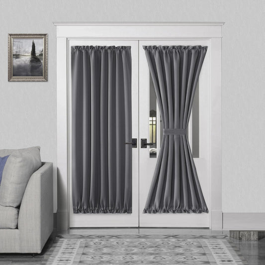 DWCN French Door Curtains – Rod Pocket Thermal Blackout Curtain for Doors with Glass Window, Kitchen and Patio Doors for Privacy, 54 X 72 Inches Long, 1 Curtain Panel with Tieback, Grey